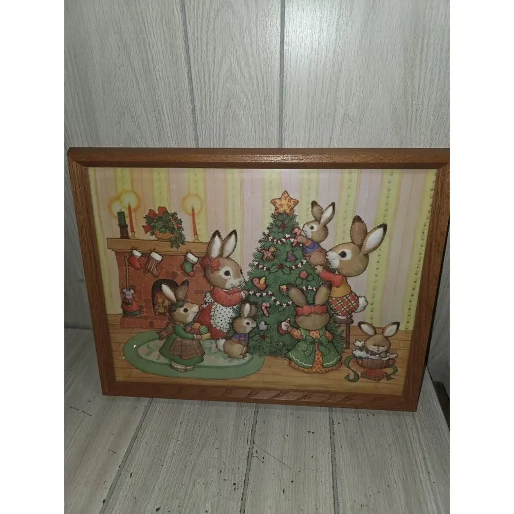 Vtg 80s Finished 3D Quilted Needle Craft Bunny Rabbit Family Christmas Framed
